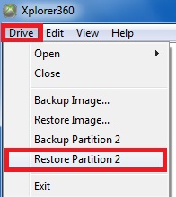 After doing that select Drive > Restore Partition 2 and select the Partition2.bin you extracted from the rar file.